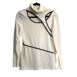 Venus Womens White Long Sleeve Top With Brown Trim & Turtleneck Style